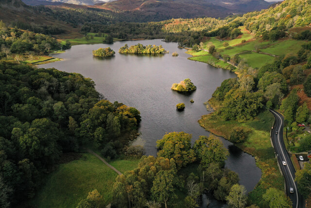 An ariel view of Rydal Water and the surrounding green landscape
