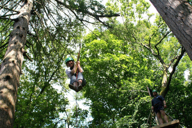 A girl wearing a hard hat with a background of trees on a treetop adventure course