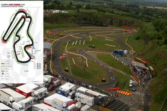 An ariel view of the course at Cumbria Kart Racing alongside a drawing of the course 