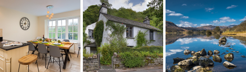 A series of three images showing left to right the kitchen/diner inside Grass Ings cottage, an external shot of Dove Cottage, and a view across Rydal Water in Grasmere, Lake District