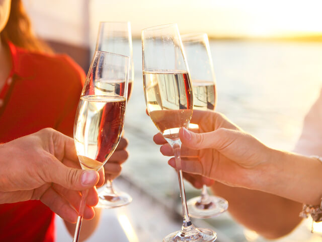 A group of friends toasting champagne by the water