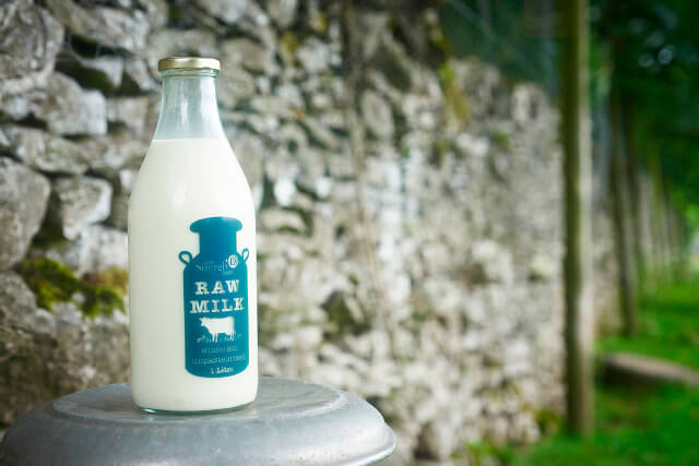 A glass bottle of raw milk at Low Sizergh Barn