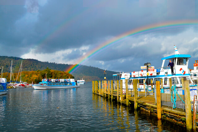 Rainbow above a passenger ferry on Lake Windermere