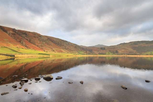 Watendlath Tarn near the shoreline with a few rocks and a mountain range in the background.